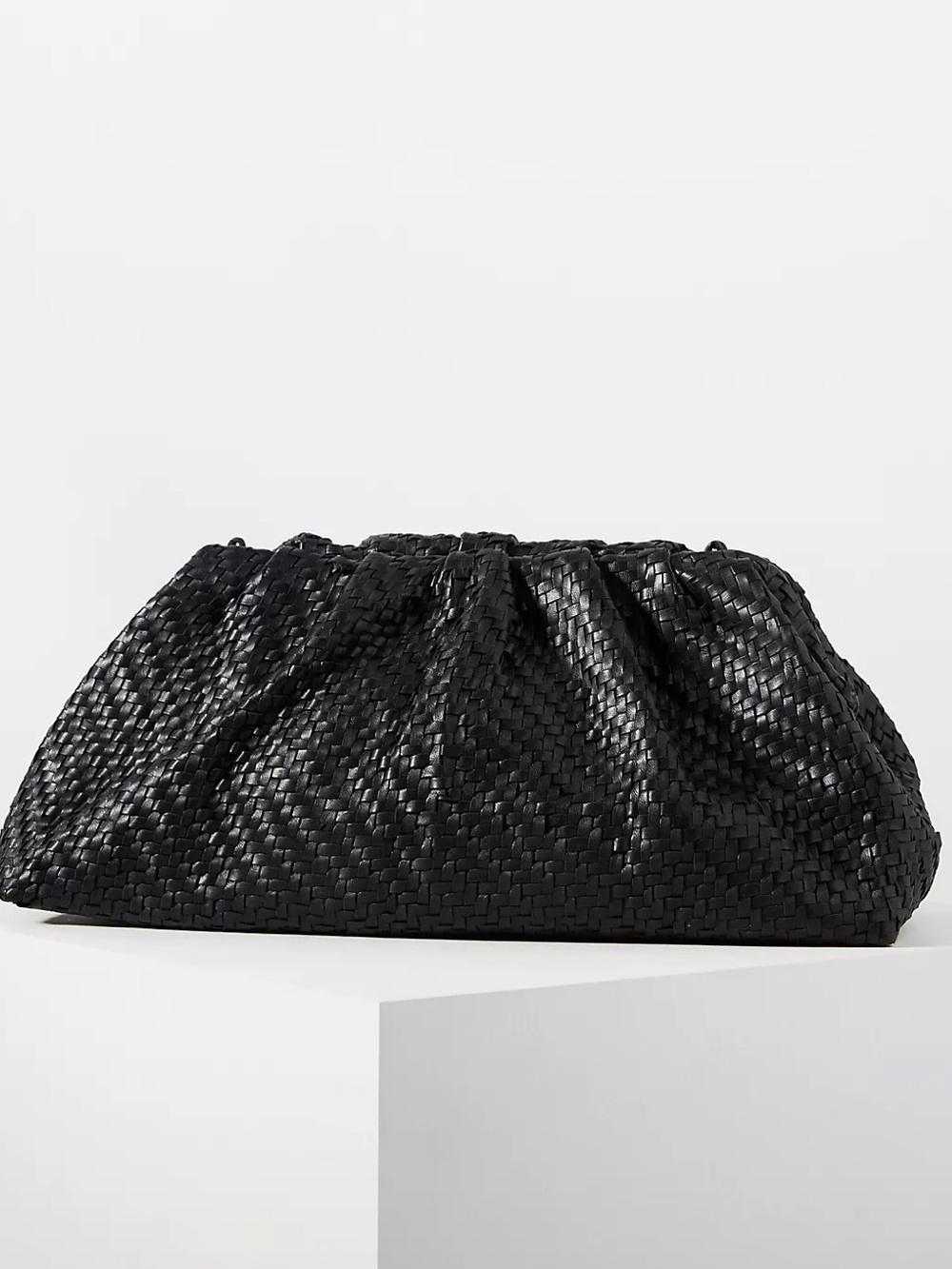 031 Anthropologie Woven Leather Clutch Dark Black Leather